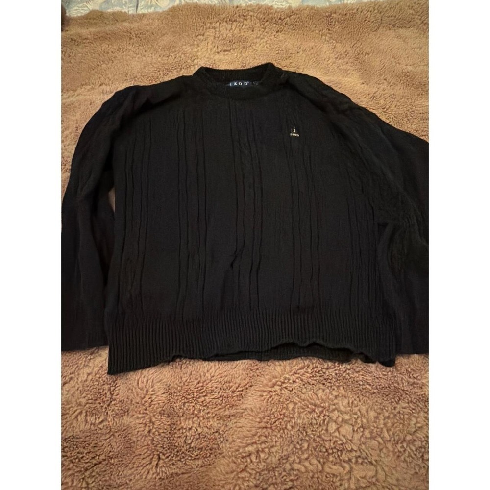 Izod Mens XL Black Cable Knit Crewneck Sweater 100% Cotton Made in USA Pullover